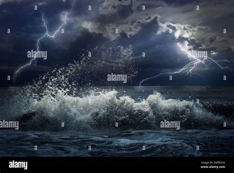 Dark Night Storm In Ocean With Lightings Stock Photo Alamy