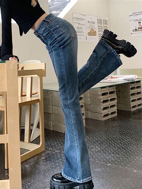 Emmiol Free Shipping 2023 Washed High Waist Stretch Flare Jeans Blue M