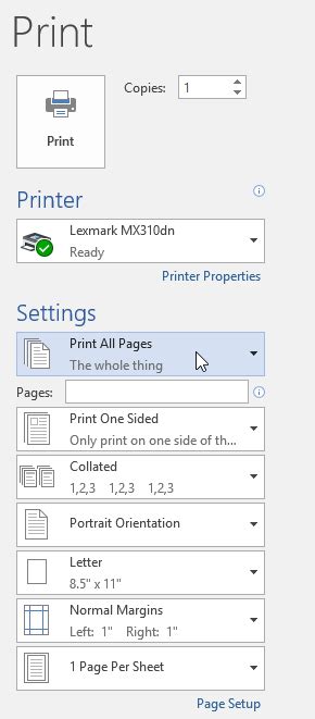 Word 2016 Printing Documents