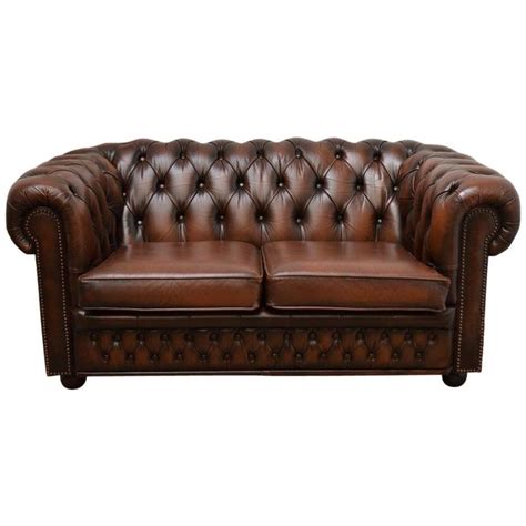 Original English Chesterfield Sofa Two Seat In Leather Tobacco Tan