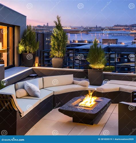 A Contemporary Rooftop Terrace with Comfortable Lounge Seating, a Fire