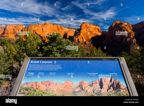 Overview Of Kolob Canyons In Zion National Park With Sign Stock Photo