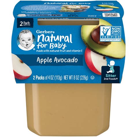 Gerber Natural For Baby Stage 2 Baby Food Apple Avocado 4 Oz Tubs 16