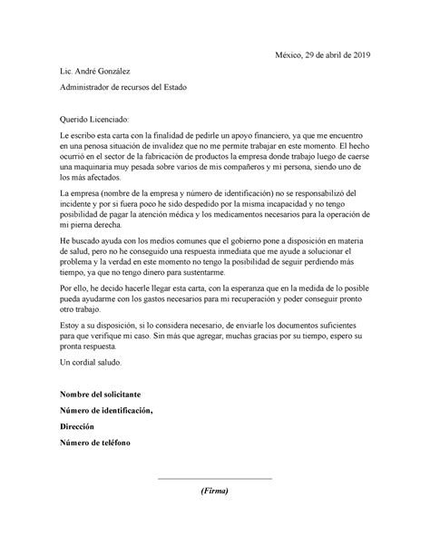 Ejemplo de carta solicitud de apoyo economico México de abril de Lic André González