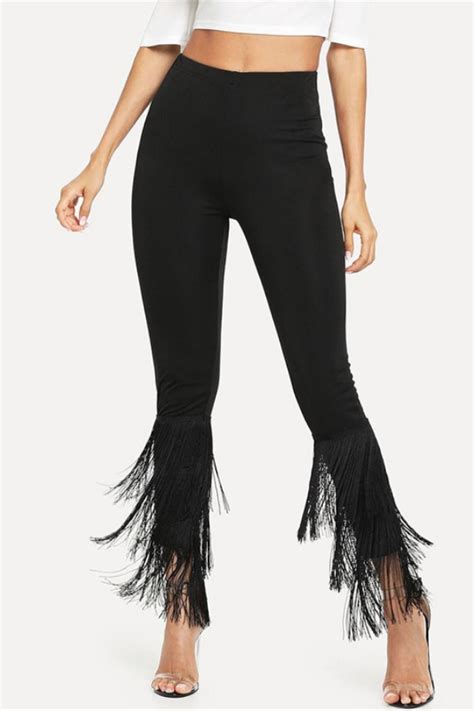 Black Layered Fringe Tassel Pants Tiered Fringe Skinny Pants Fringe