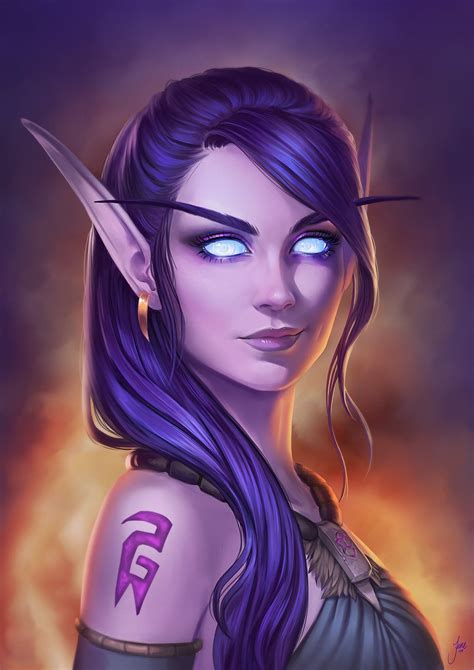 Adorable Void Elf Girl Portrait World Of Warcraft Game Digital Draw Artist June Jenssen