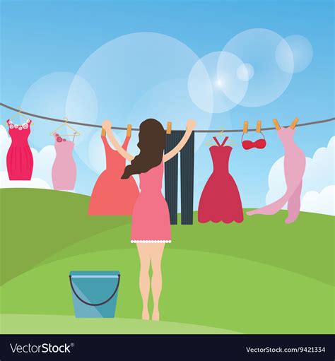 Woman Female Mom Drying Clothes Hanging In Rope Vector Image