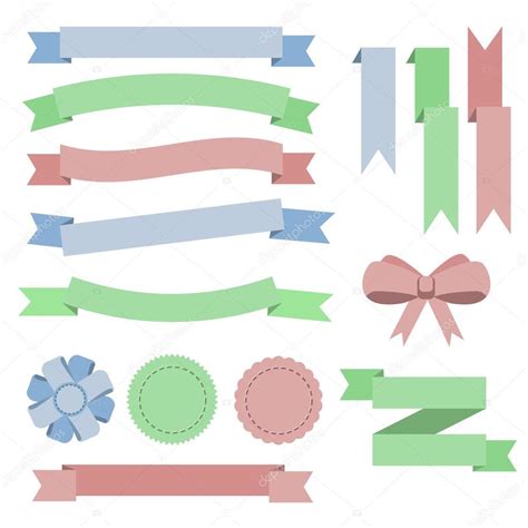 Set Flat Color Ribbons Badges Bookmarks And Bow Blue Green — Stock