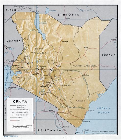 English , swahili kenya currency : Large detailed political and administrative map of Kenya with relief, roads, railroads and major ...