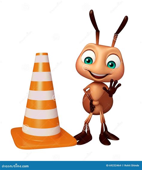Cute Ant Cartoon Character With Construction Cone Stock Illustration