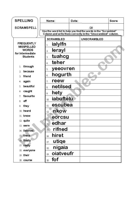 43 Commonly Misspelled Words Worksheet Worksheet Resource