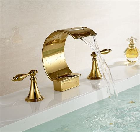 Buy Luxury Bathroom Waterfall Spout Basin Faucet Double Knobs Mixer Tap Gold