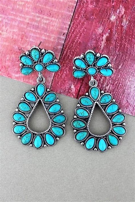 Turquoise Beaded Silver Tone Teardrop Earrings Western Jewelry
