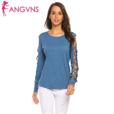 Angvns Autumn Tee Tops Women T Shirts Long Sleeve Cut Off Women Hollow
