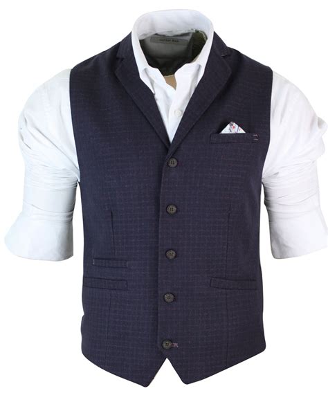 Mens Slim Fit Check Herringbone Tweed Waistcoat Navy Blue Vintage Plum