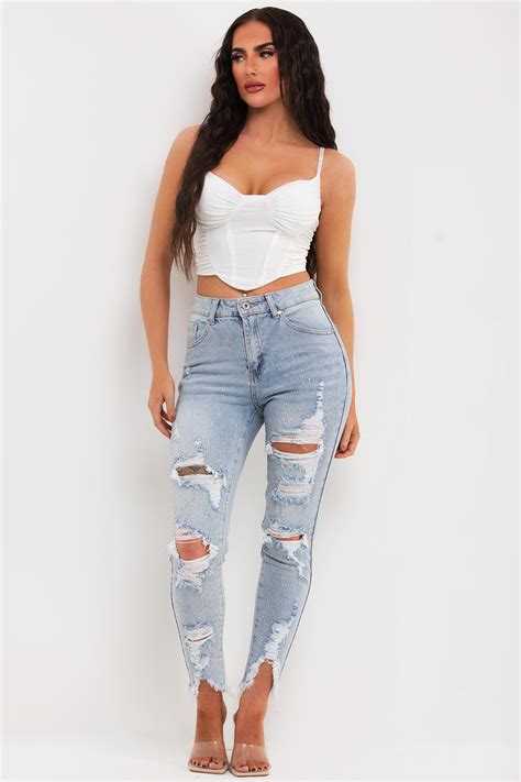 Womens Light Wash Ripped Jeans With Diamante Detail Uk