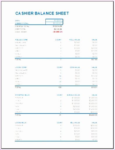 Cashier Balance Sheet Excel Templates