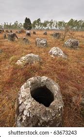 Plain Jars Megalithic Archaeological Landscape Laos Stock Photo