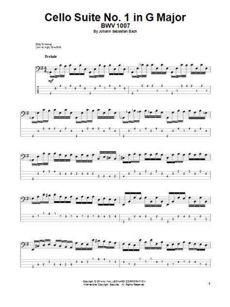 Cello Suite No 1 In G Major Bwv 1007 Sheet Music Johann Sebastian Bach Bass Guitar Tab