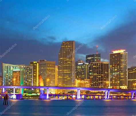 Miami Florida Usa Sunset Or Sunrise Over The City Skyline Of Downtown