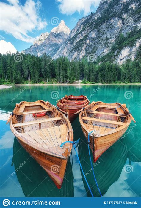Lago Di Braers Lake Dolomite Alps Italy Boats On The