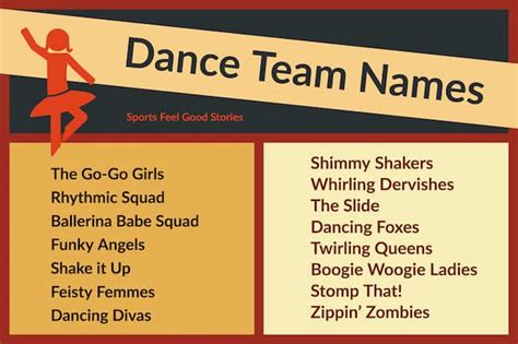 Here are the cool names for squads that you can use: Fun Dance Team Names for your Group | Sports Feel Good Stories