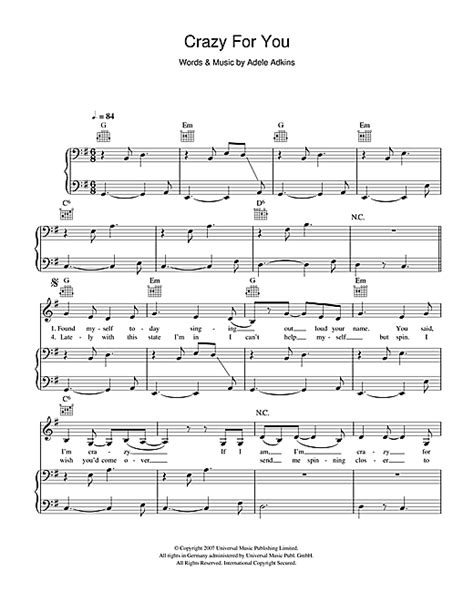 You may revoke your consent at any time once logged in, in your account settings. Crazy For You sheet music by Adele (Piano, Vocal & Guitar - 40053)