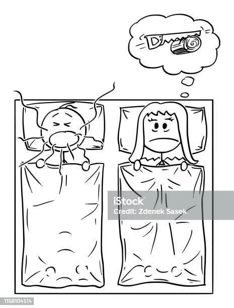 Vector Cartoon Of Couple In Bed And Man Snoring Woman Cant Sleep Stock