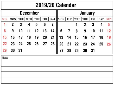 December January 2019 2020 Holiday Calendar Free Printable Calendar 2023