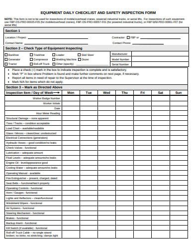 Printable Heavy Equipment Daily Inspection Checklist Template Prior To