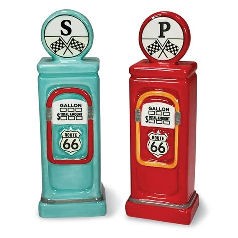 collections etc road trip gas pumps ceramic salt and pepper shakers set with lids holder caddy