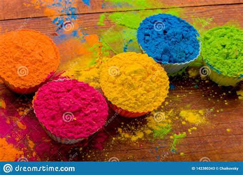 Colorful Holi Powder In Cups Closeup Bright Colours For Indian Holi