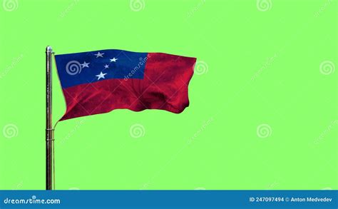 Waving Flag Of Samoa For Day Of The Flag On Green Screen Isolated
