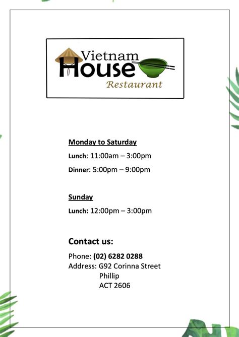 Menu at Vietnam House restaurant, Phillip