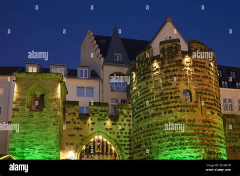 Lighted Town Gate Bonn Stock Photo Alamy
