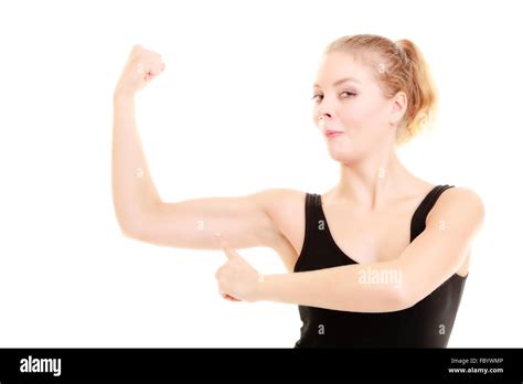 Fitness Woman Showing Energy Flexing Biceps Isolated Stock Photo Alamy