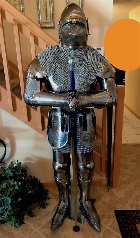 Knight In Full Suit Of Steel Armor With Sword Hound Face Bacinet Chain Mail And More