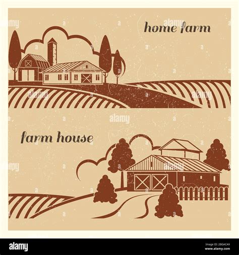 Vintage Countryside Landscape With Farm Scene Grunge Farm Houses