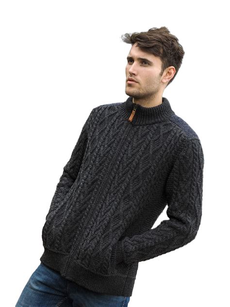 Mens Wool Cardigan Irish Aran Sweater Full Zip Merino Wool Ebay