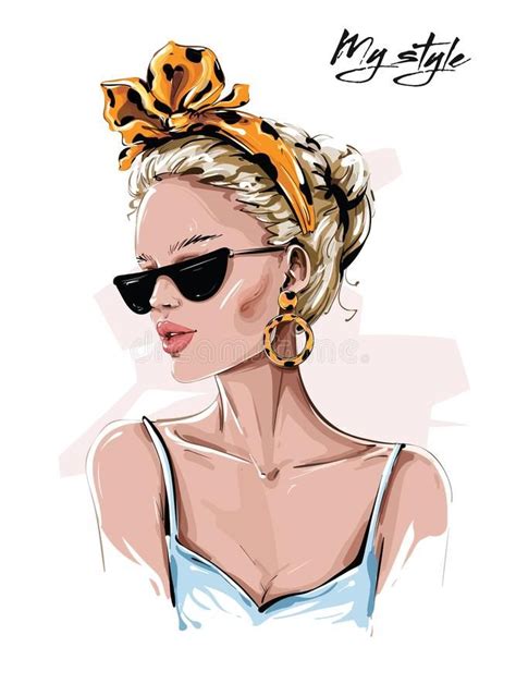 Hand Drawn Beautiful Young Woman In Sunglasses Stylish Girl In