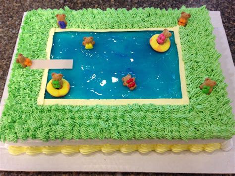 Slide a circle of dark blue cake on top, then repeat with buttercream and a circle of light blue cake. Teddy Graham pool party cake :) | Baking Ideas | Pinterest