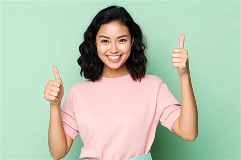 premium ai image smiling asian woman showing okay sign gives approval recommends smth good