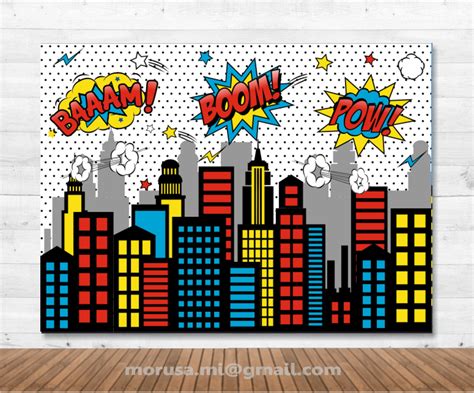 Superhero City Skyline Printable Backdrop Comic Bubbles Etsy