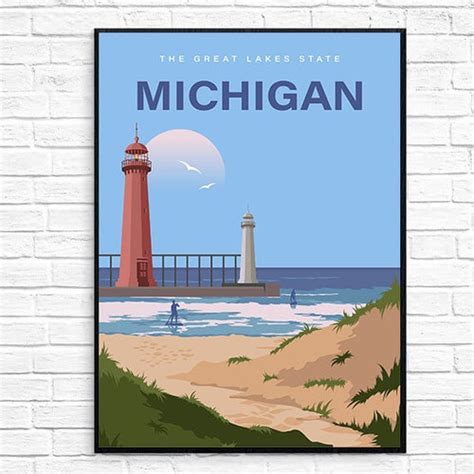 Great Lakes Michigan Vintage Style Poster Michigan Tourism Etsy