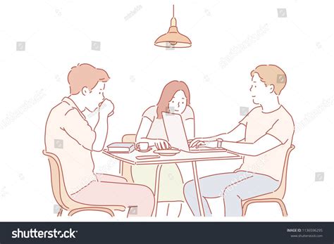 A Group Of People Studying A Team Sitting At A Table Hand Drawn Style