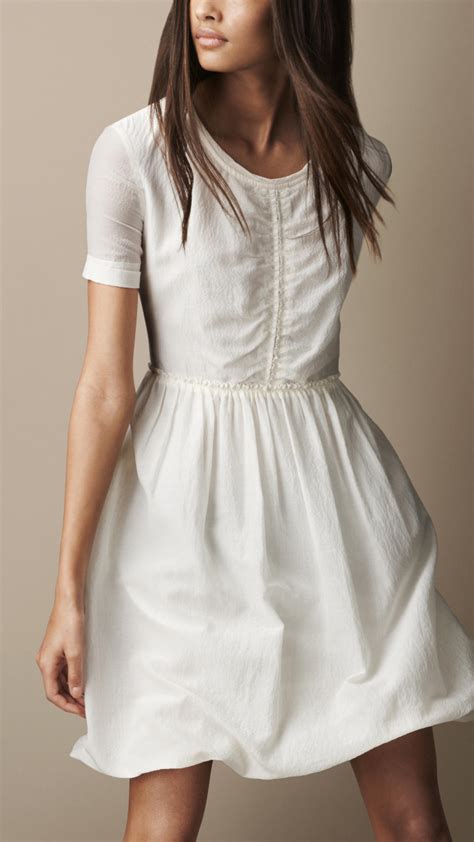 Burberry Brit Gathered Waist Silk Cotton Dress In Chalk White White
