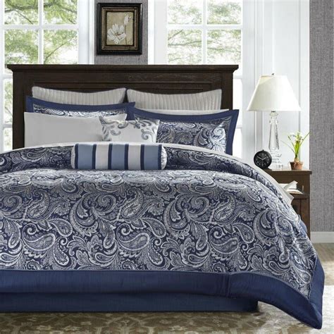 King Size 12 Piece Reversible Cotton Comforter Set In Navy Blue And