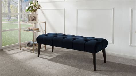 Kmax upholstered entryway bench with arms, button tufted velvet fabric bedroom bench with nailhead trim & rubber wood legs, navy blue. Quinn Tufted Entryway Bench, Dark Navy Blue | Mattress ...