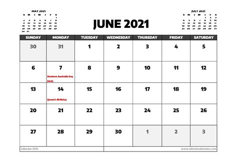 June 2021 Calendar Australia With Holidays