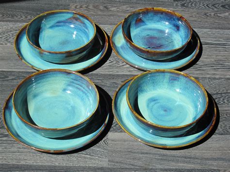 Sur commande lots de 6 assiettes en grès marron et bleu assiette